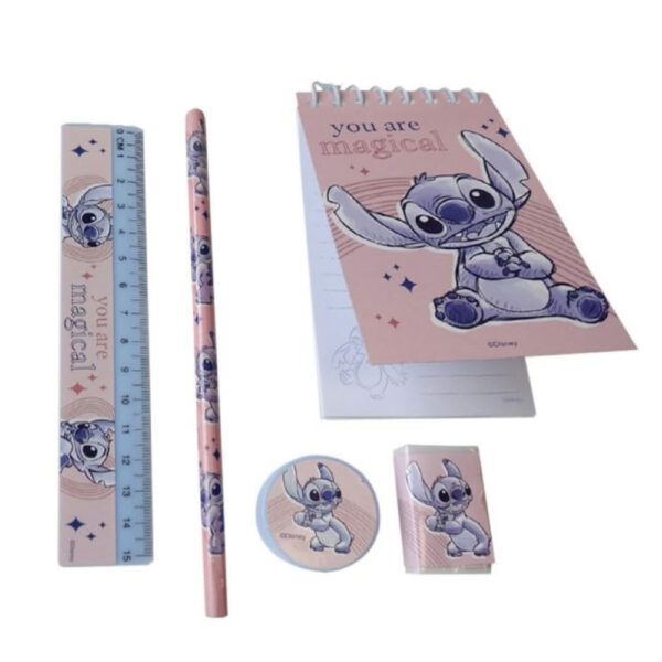 Stitch Set Cancelleria 5pz Block Notes Matita Gomma Temperino Righello - immagine 2